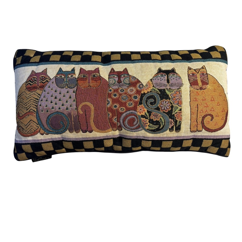 Laurel Burch Vintage Tapestry Cat Throw Pillow Rectangular Black Velvet Back